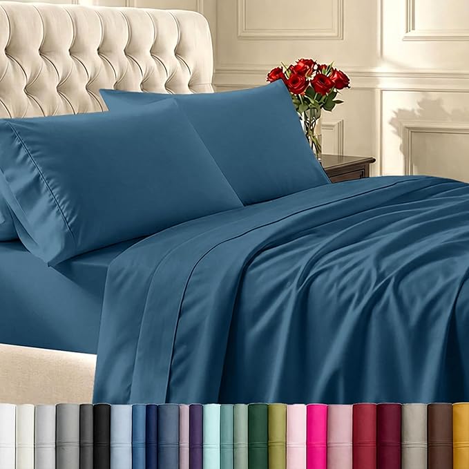 California Design Den 6-Pc King Size Sheet Set with 4 Pillowcases - Soft 400 Thread Count 100% Cotton Sheets, Sateen Weave, Deep Pocket Bedsheets Set - Peacock Blue