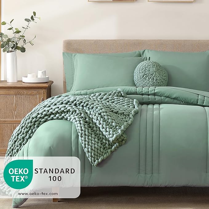 Monbix Queen Comforter Set - 7 Pieces Harbor Green Bed in a Bag Queen Bedding Sets with Comforters, All Seasons Comforter Bed Set with Sheets, Pillowcases & Shams