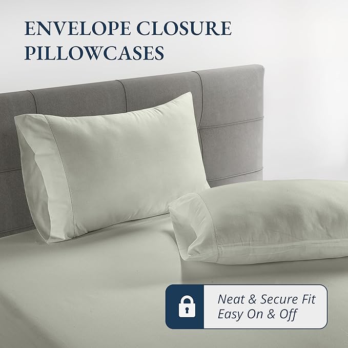 LANE LINEN 100% Organic Cotton Fitted Bed Sheets Queen Size (+Pillowcases) Soft & Comfy Percale Weave Fully Elasticized Low Pilling Fade Resistant Deep Pocket Fits Mattress Upto 15" - Mineral