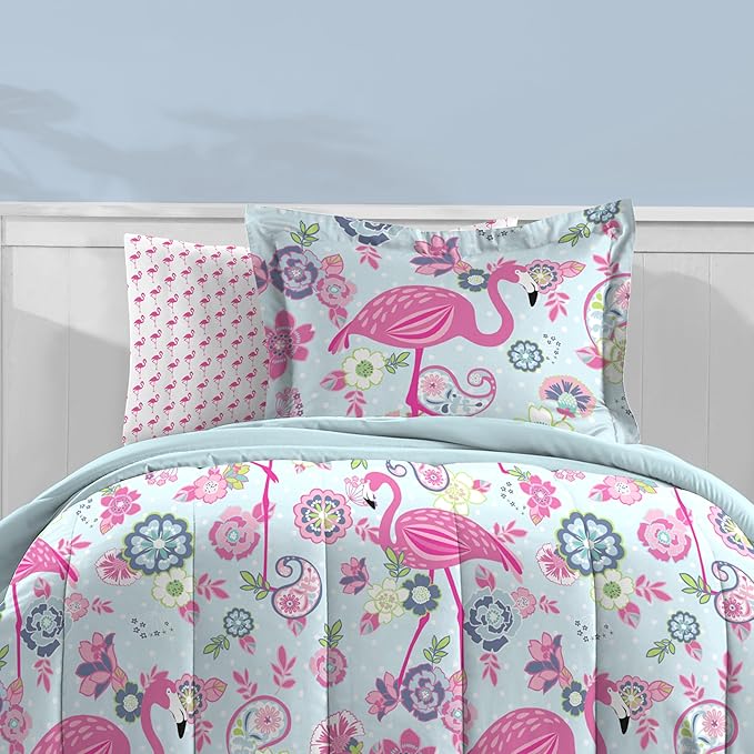 dream FACTORY Kids 7-Piece Complete Set Easy-Wash Super Soft Microfiber Comforter Bedding, Full, Pink Flamingo