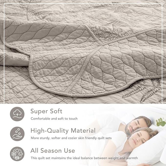 Lady Ann Oversized King Bedspread 128x120, Leaves Pattern Stitching Printed Quilt Set Soft & Lightweight Linen Feel Quilted Coverlet, 3 Pcs Extra Large Botanical Bedding Sets