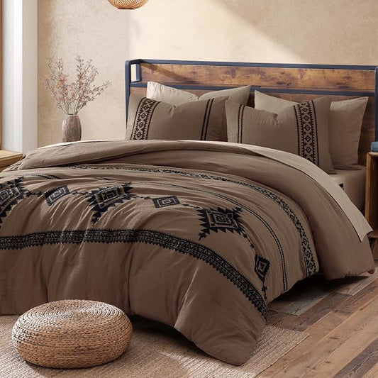 MaiRêve Oversized Queen Comforter Set Brown, Embroidery Western Bedding Set Boho 7 Pieces, Farmhouse All-Season Bed in A Bag with Sheets, Pillowcases & Shams