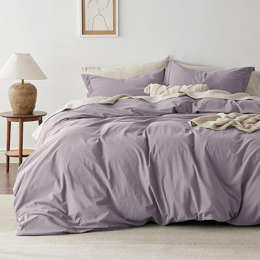 Bedsure 100% Washed Cotton Duvet Cover King Size - Lavender Minimalist Cotton Duvet Cover Linen Like for All Seasons - GentleSoft™ Plain Simple Bedding (Lavender, King, 104"x90")