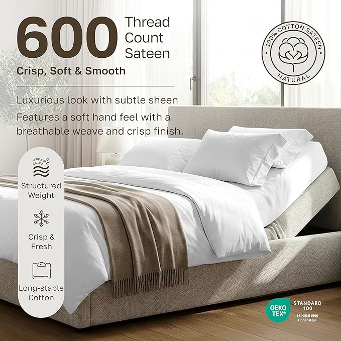 California Design Den Split King Sheet Set - 100% Cotton, 600 Thread Count, Breathable Luxury King Size Sheets for Adjustable Bed, Luxury Soft Hotel-Quality, Sateen Weave - Bright White