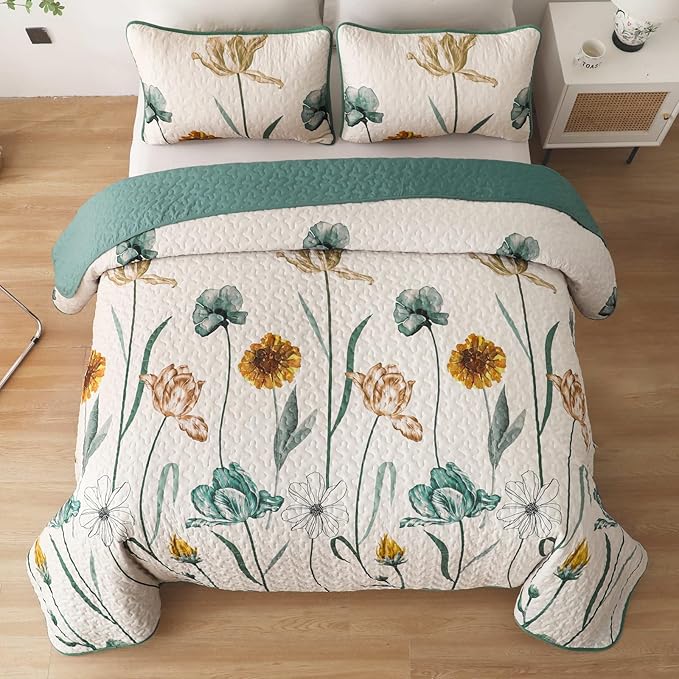 WONGS BEDDING Floral Quilt Set Queen,Green Yellow Floral Botanical Bedspread Bedding Set with 2 Pillowcase,Lightweight Spring Farmhouse Coverlet Set for All Season (96"x90")