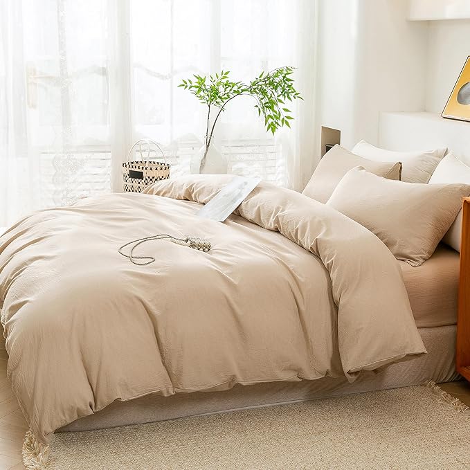 ECOCOTT Duvet Cover Set, 100% Washed Cotton Linen-Like Textured Soft & Breathable, Durable Comfy Bedding Set for All Seasons (Khaki, Super Queen)