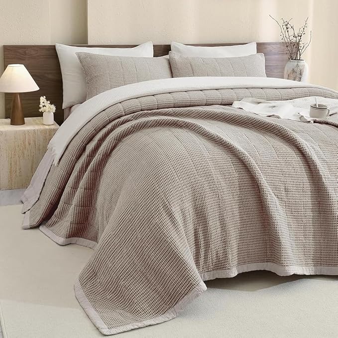 Sanracie Oversized King Quilt (106"x118"), Dark Khaki Waffle Weave Cotton Quilt Sets, 3Pcs Luxury Aesthetic Quilt Bedding Set, Soft Breathable Lightweight Farmhouse Coverlet Set for All Season