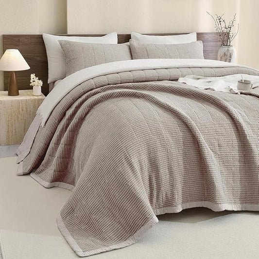 Sanracie Oversized King Quilt (106"x118"), Dark Khaki Waffle Weave Cotton Quilt Sets, 3Pcs Luxury Aesthetic Quilt Bedding Set, Soft Breathable Lightweight Farmhouse Coverlet Set for All Season