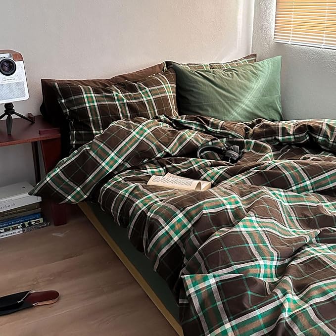 LifeTB Vintage Buffalo Plaid Duvet Cover King 100% Washed Cotton Brown & Green Checked Duvet Cover Set Modern Plaid 3 Piece Grid Bedding Set Super Soft Breathable Comforter Cover with Zipper Closure