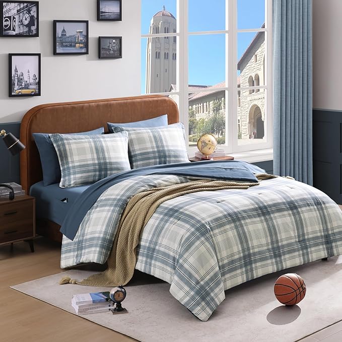 Plaid Queen Comforter Set, Blue Grey Bedding Set 7 Piece for Boys Girls Teen, Classic Homestead-Style Kids Comforter Set Bed in A Bag with Sheets, Pillowcases & Shams