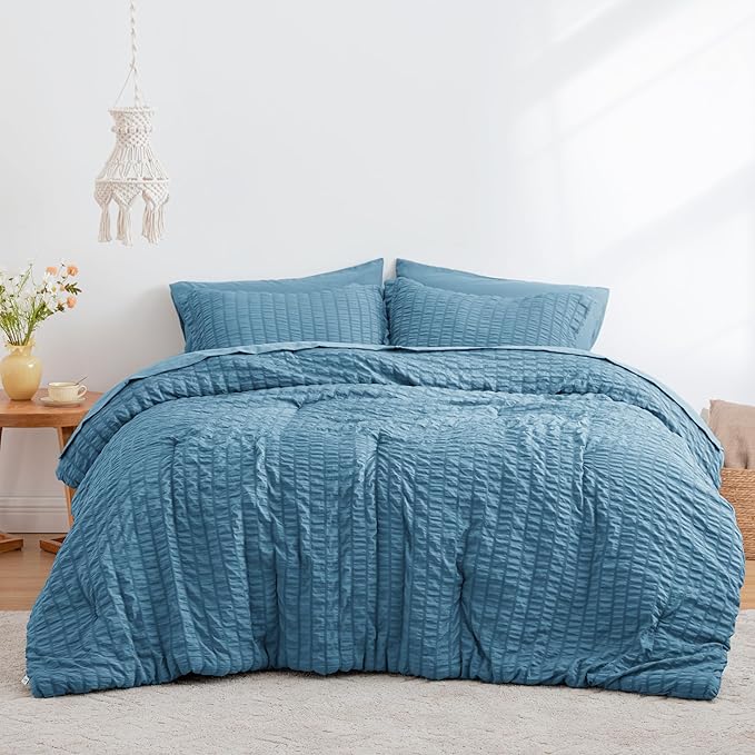 Love's cabin Seersucker Misty Blue Twin XL Comforter Set, 5-Piece All Season Lightweight Bed in a Bag Bedding Set with Comforter, Flat Sheet, Fitted Sheet, Pillowcase and Sham | Soft, Breathable, Lightweight