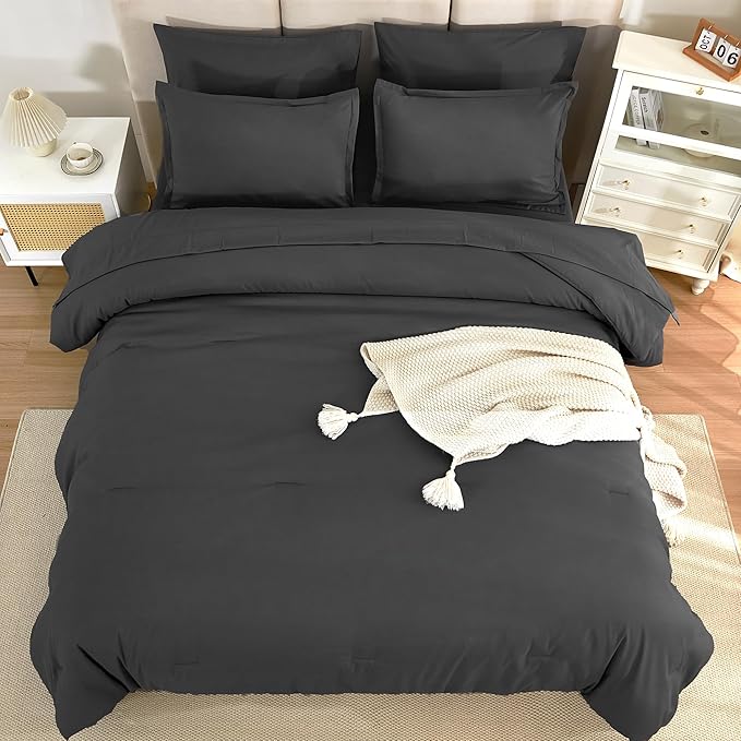 Litanika Comforter Full Size Set Dark Grey - 7 Pieces Bed in a Bag Full Bedding Comforter Sets, Plain Lightweight Bed Set with Comforter, Sheets, Pillowcases & Shams