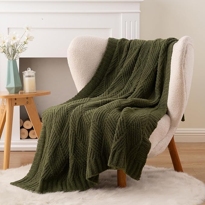 Battilo Olive Green Diamond Knit Throw Blanket for Couch and Bed, Soft Textured Chenille Blanket, Cozy Lightweight Decorative Blanket for Sofa, 50"x60"