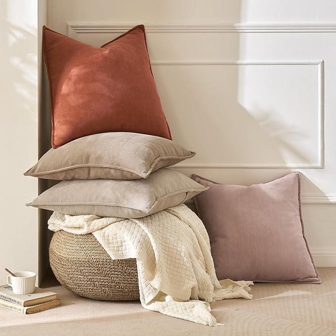 MIULEE Pack of 2 Khaki Decorative Pillow Covers 24x24 Inch Soft Chenille Luxurious Couch Throw Pillows Farmhouse Cushion Covers Euro Shams with Elegant Design for Sofa Bedroom Living Room Home Decor