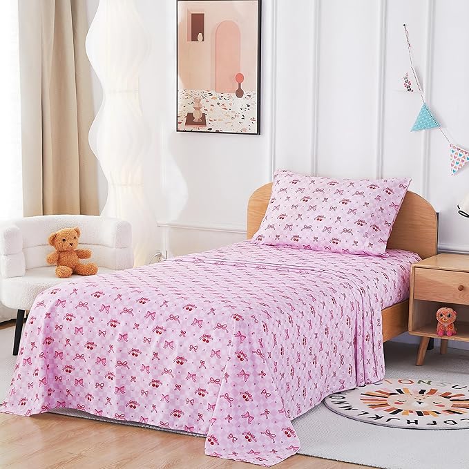 Kids Sheet Set Twin Size, Twin Sheet Set with Pink Cherry Pattern，Breathable Silky Soft Microfiber Kids Fitted Sheet