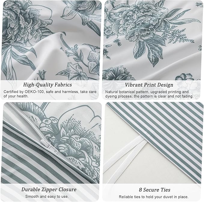 PHF Ultra Soft Floral Duvet Cover Queen Size, Printed Bedding Set 3 Pieces, Comfy Farmhouse Pattern Duvet Cover Set with 2 Pillow Shams, Zipper Closure and 8 Ties, 90"x90", Flower-Blue