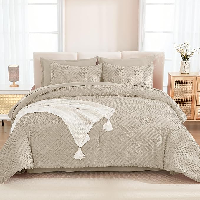 Andency Oversized Queen Size Comforter Set with Sheets Oatmeal - 7 Pieces Bed in a Bag Oversized Queen Boho Tufted Lightweight Bedding Sets with Comforter, Sheets, Pillowcases & Shams