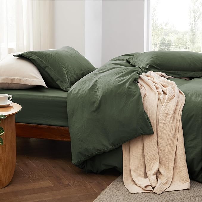 Bedsure California King Size Duvet Cover with Fitted Sheet - 4 Pieces Prewashed Polyester Extra Soft Bedding Set, Includes 1 Duvet Cover 104x98 Inches, 2 Pillow Shams, 1 Fitted Sheet, Olive Green