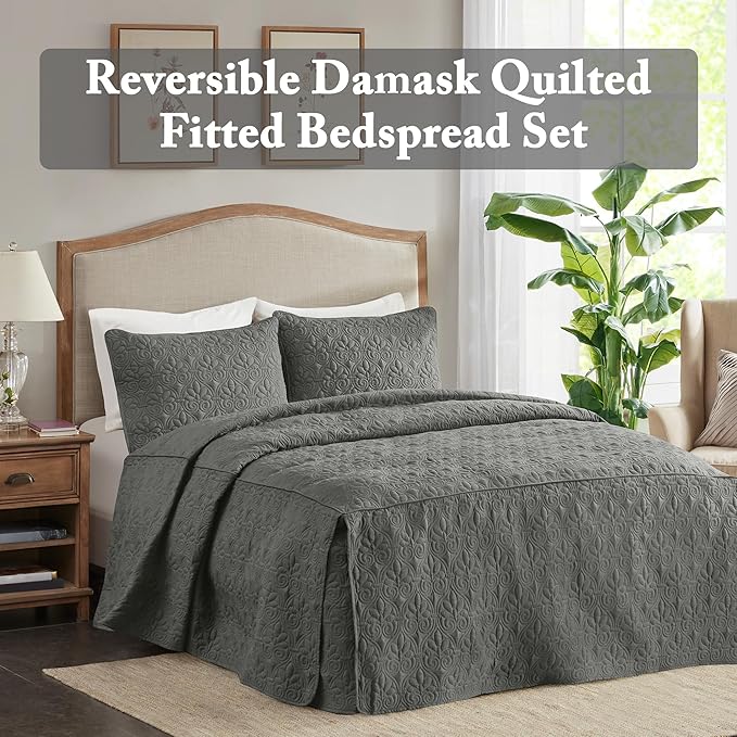 Madison Park Quebec Split Corner Quilted Bedspread Classic Traditional Design All Season, Lightweight, Bedding Set, Matching Shams, Queen (60" x 80" + 24"D), Damask Quilted Dark Grey 3 Piece