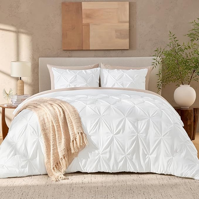 Andency White Full Size Comforter Set (79x90Inch), 3 Pieces Cute Soft Pinch Pleat Bedding Comforters & Sets, All Season Lightweight Fluffy Down Alternative Western Bed Set for Women Men Girls
