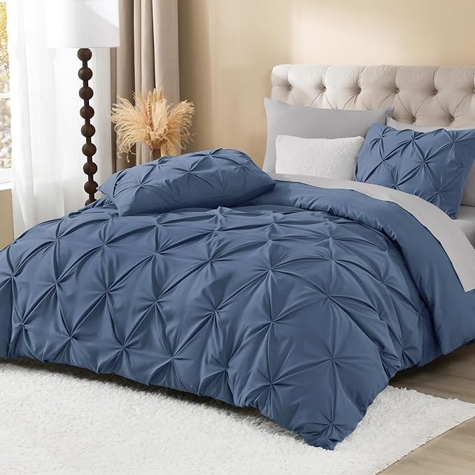 Litanika Ocean Blue California King Pinch Pleat Duvet Cover, 3 Pieces Pintuck Cover Soft Microfiber Bedding Set with Zipper Closure & Corner Ties(1 Duvet Cover, 2 Pillowcases)