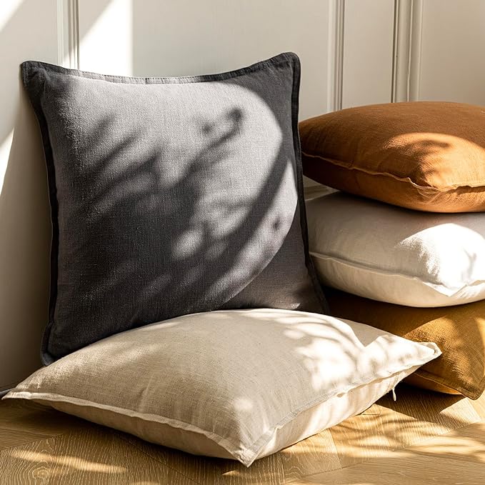 Foindtower Pack of 2, Decorative Linen Soild Throw Pillow Covers Soft Accent Square Cushion Case Boho Farmhouse Pillowcase for Chair Couch Sofa Bedroom Living Room Home Decor 16 x 16 Inch Grey