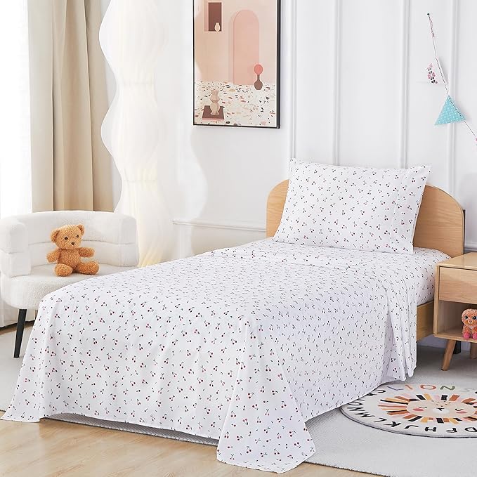 Kids Sheet Set Twin Size, Twin Sheet Set with Little Cherry Pattern，Breathable Silky Soft Microfiber Kids Fitted Sheet