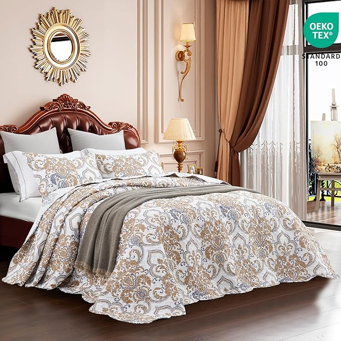 CHIXIN Full Size Bedspread Quilt - Luxury Collection - European Damask Paisley Pattern - Classic & Gorgeous Bedding Cover, Lightweight, Ultra Soft, 5 Piece, 100% Microfiber, White/Khaki/Grey