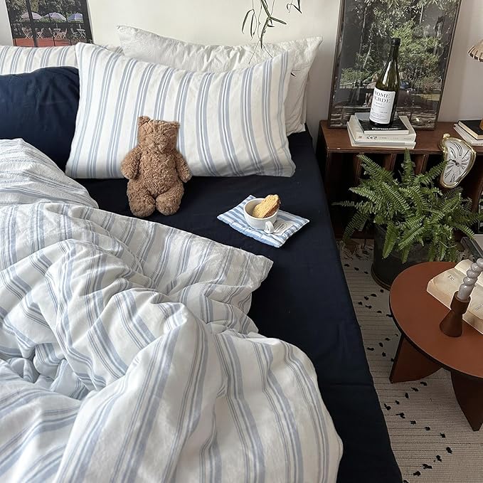 mixinni Vintage Blue & White Striped Duvet Cover Set - 3 Piece 100% Washed Cotton King Size Bedding | Minimalist Relaxed Style | Ultra Soft Breathable, with Zipper Closure & Corner Ties-King Size