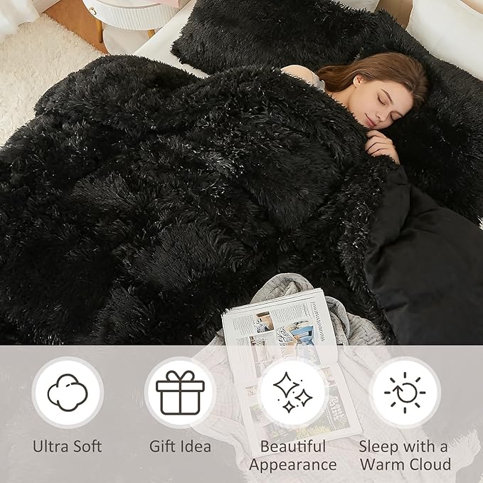EMME Luxury Fuzzy Duvet Cover Set Twin Size Fluffy Comforter Cover Set for Twin Bed 2 Pieces Shaggy and Plush Soft Bedding Duvet Covers (Black, Twin)