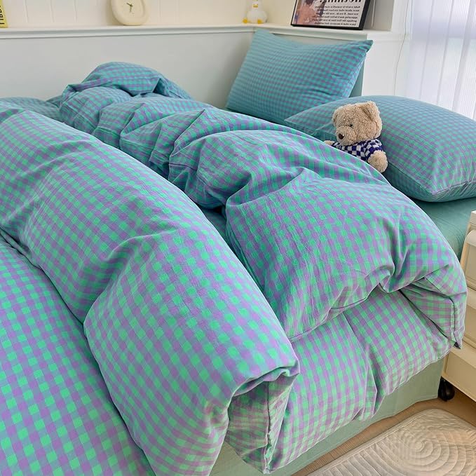 LifeTB Twin XL Comforter Set Green Gingham Bedding Comforter with 2 Pillowcases Geometric Checkered Plaid Comforter Set for All Season Green Purple Grid Printed Fluffy Soft Lightweight Bedding Set
