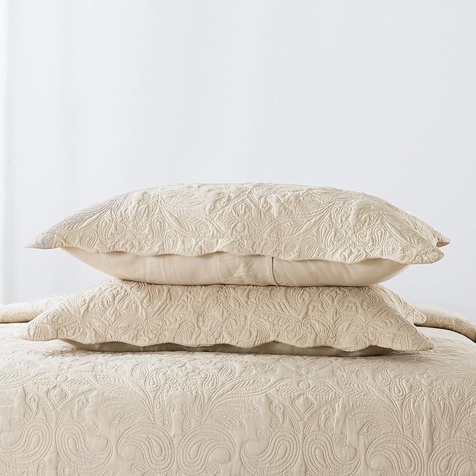 HoneiLife Quilt Set Queen Size - 3 Piece Embroidered Microfiber Bedspread Reversible Coverlet Lightweight Bedcover Paisley Pattern Bedding Set All Season Quilts-Khaki