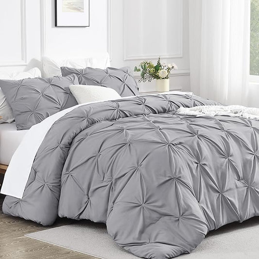 Andency California King Comforter Set Silver Gray (104x96Inch), Western Modern Pinch Pleat Bedding Set 3 Pieces, Oversized Pintuck All Season Soft Down Alternative Bed Set for Men Adults