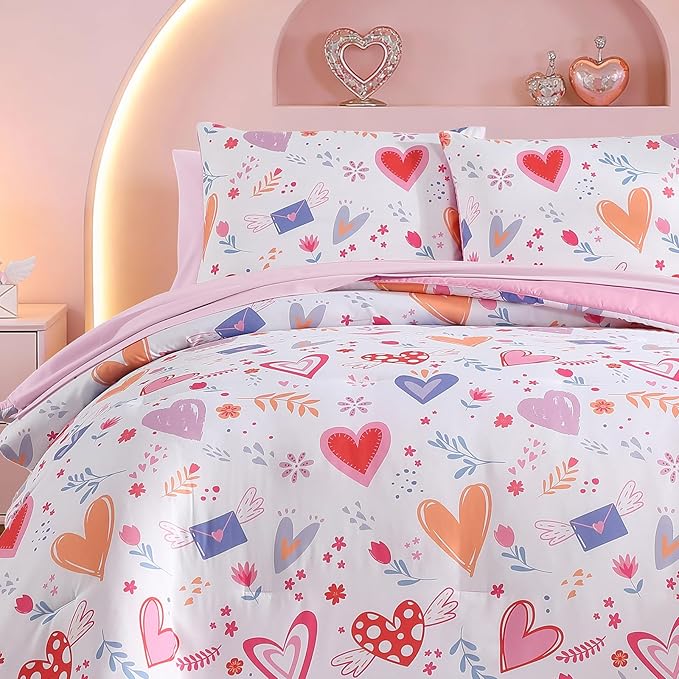 Twin Comforter Set for Girls Kids - 5 Pieces Heart Twin Bedding Sets for Girls Teen, Soft Cozy Bed in A Bag with Sheets