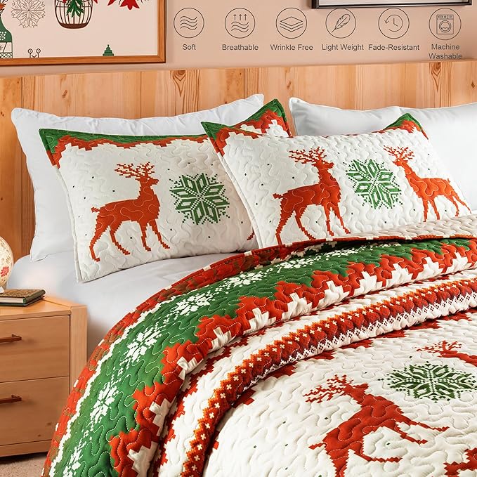 Whale Flotilla Christmas Quilts Queen Size, Soft Boho Floral Bedspreads for Bed Reversible Lightweight Full Queen Quilt Bedding Set Coverlets with 2 Pillow Shams for All Seasons, Happy Snowflake