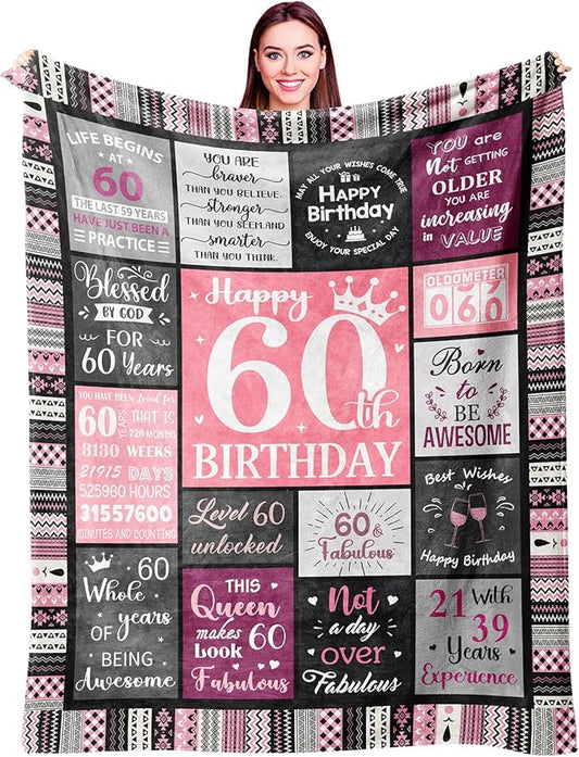 60th Birthday Gifts for Women Throw Blanket 60”X50”, Happy 60th Birthday Decorations Gift Ideas for 60 Year Old Woman, 1966 Bday Gifts for Mom Grandma