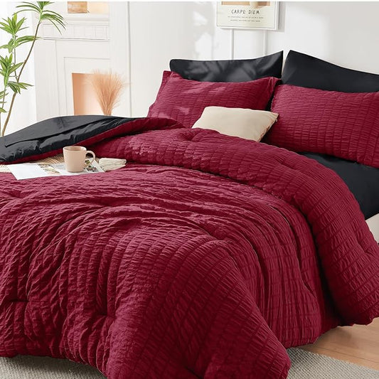 HYMOKEGE Red & Black King Size Comforter Set Seersucker 7 Pieces, All Season Luxury Bed in a Bag for Bedroom, Bedding Set with Comforters, Sheets, Pillowcases & Shams