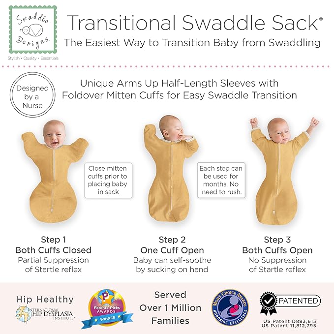 SwaddleDesigns Transitional Swaddle Sack, Arms Up Half-Length Sleeves & Mitten Cuffs, Swaddle for Newborn Transition to Baby Sleep Sack Wearable Blanket, Medium, 3-6 Month, 14-21 lb, Heathered Gold