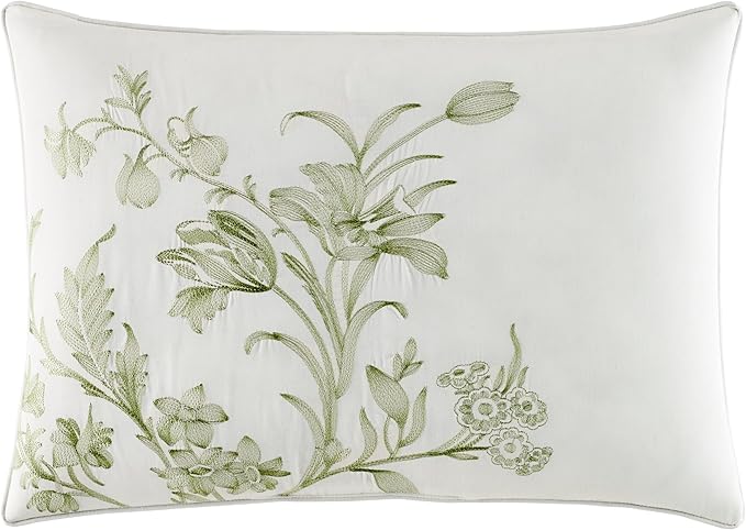Laura Ashley Home - King Size Comforter Set, Reversible Cotton Bedding, Includes Matching Shams with Bonus Euro Shams & Throw Pillows (Natalie Sage/Off White, King)