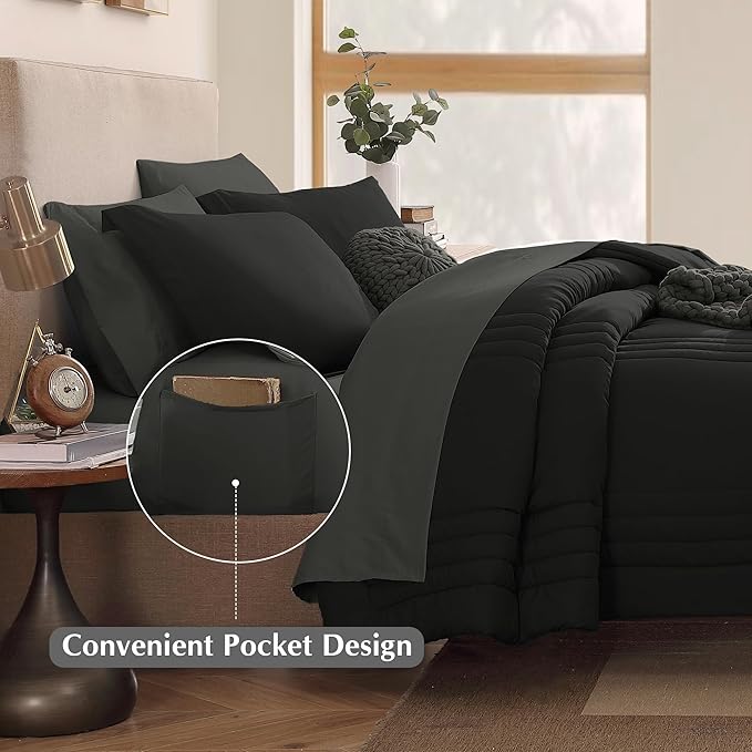Monbix Full Comforter Set - 7 Pieces Black Bed in a Bag Full Size Bedding Sets with Comforters, All Seasons Comforter with Sheets, Pillowcases & Shams