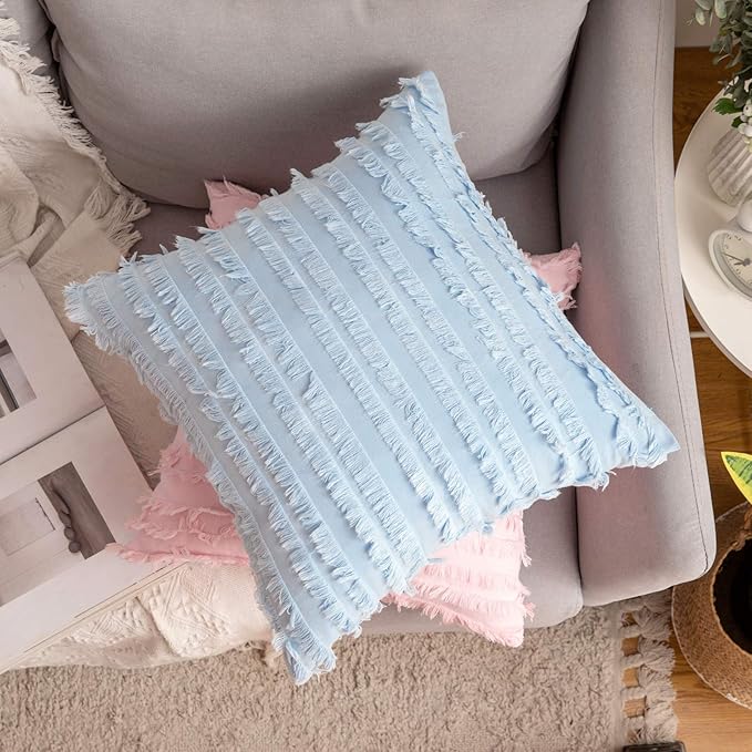 MIULEE Set of 2 Decorative Boho Throw Pillow Covers Linen Striped Jacquard Pattern Summer Cushion Covers for Sofa Couch Living Room Bedroom 12x20 Inch Light Blue