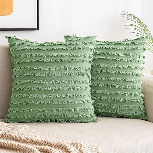 MIULEE Set of 2 Decorative Boho Throw Pillow Covers Spring Linen Striped Jacquard Pattern Cushion Covers for Spring Sofa Couch Living Room Bedroom 18x18 Inch Grass Green