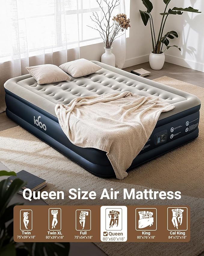 iDOO Queen Air Mattress with Built in Pump, 18 Raised Comfort Inflatable Blow up Mattress, Upgraded Four Chamber Portable Air Bed for Camping, Guests and Home, Colchon Inflable, 650 lbs Max