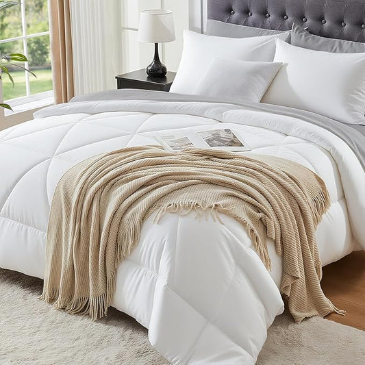 BEDELITE California King Size Comforter Set 7 Pieces Bed in A Bag - Soft Microfiber Reversible Cal King White Bed Set with Comforters, Sheets, Pillowcases & Shams, Cozy Bedding Sets for All Season