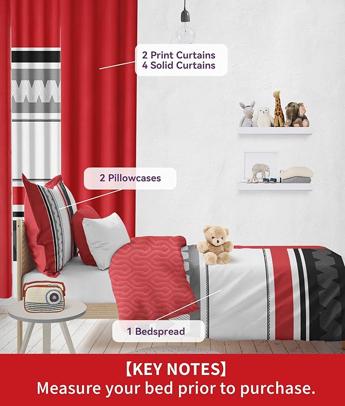 Bed in a Bag with Curtains 1 Bedspread 2 Pillowcases 2 Print Curtains 4 Solid Curtains Bedspreads and Matching Curtains Black and Red Comforter Set Wrinkle-Resistant Geometric Bedroom