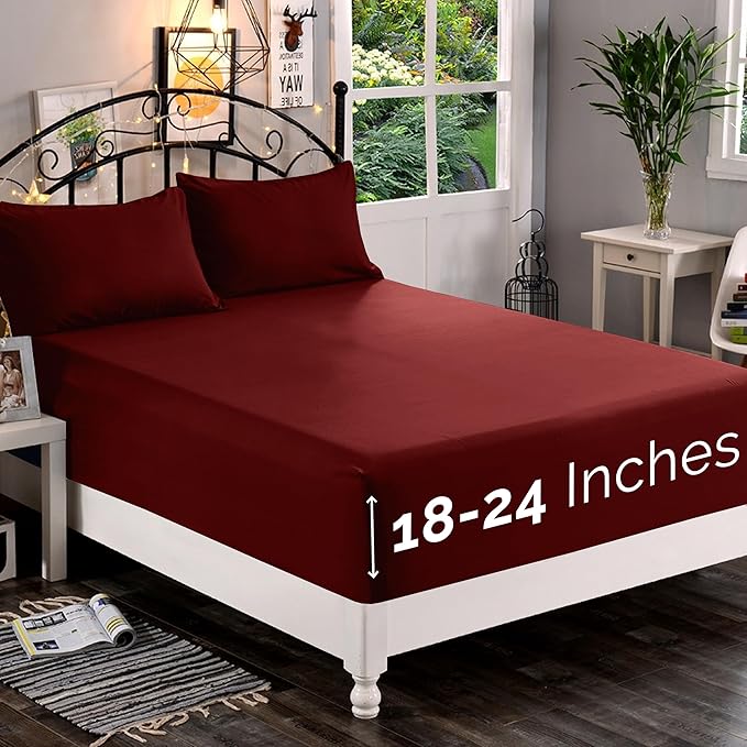 Elegant Comfort 1500 Premium Quality Fitted Sheet Ultra Soft 18-24 Inch Extra Deep Pocket - Single Fitted Sheet for High Mattress - Wrinkle Free with Smart Storage Pockets, Queen, Burgundy