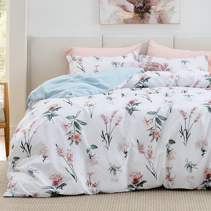 Bedsure Duvet Cover King Size - 100% Cotton Reversible Cute Flower Floral King Duvet Cover Set with Zipper Closure, 3 Pieces Soft & Breathable Blue Bedding Set with 2 Pillow Shams 20"x36"