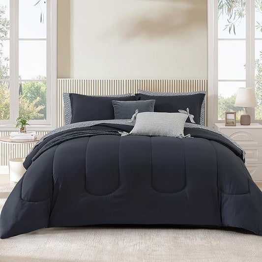 Monbix Full Size Comforter Set - 7 Pieces Bed in a Bag Full, Blue Grey Track Stitching Bedding Sets with Comforter, All Seasons Comforter Bed Set with Sheets, Pillowcases & Shams