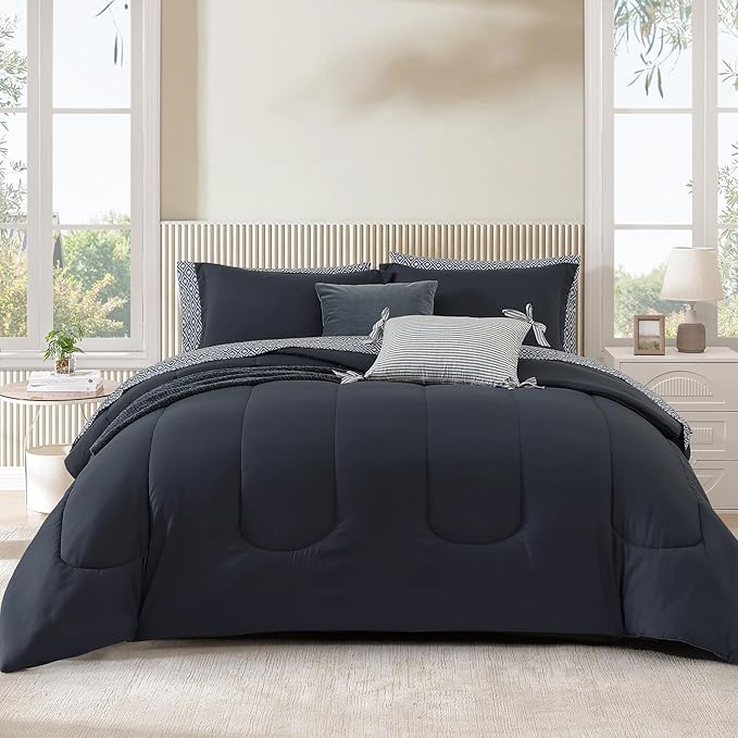 Monbix Queen Comforter Set - 7 Pieces Blue Grey Bed in a Bag Queen Track Stitching Bedding Sets, All Seasons Comforter Bed Set with Sheets, Pillowcases & Shams