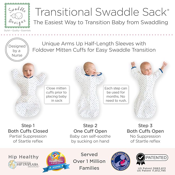 SwaddleDesigns Transitional Swaddle Sack, Arms Up Half-Length Sleeves & Mitten Cuffs, Swaddle for Newborn Transition to Baby Sleep Sack Wearable Blanket, Lrg, 6-9 Month, 21-24 lb, Blue Tiny Triangles